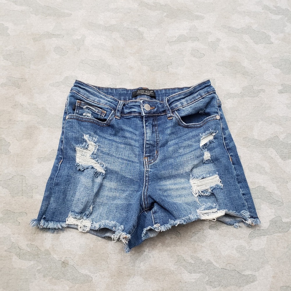 Judy Blue Distressed Mid Wash Blue Denim Jean Shorts